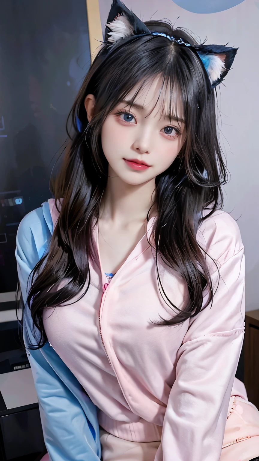 /imagine a beautiful anime girl live streaming from her room, with long black hair, big blue eyes, wearing a pink hoodie and a cute headset with cat ears, sitting in front of a modern computer setup with colorful LED lights, surrounded by plushies and posters on the wall, smiling and engaging with her audience, bright and cheerful atmosphere
