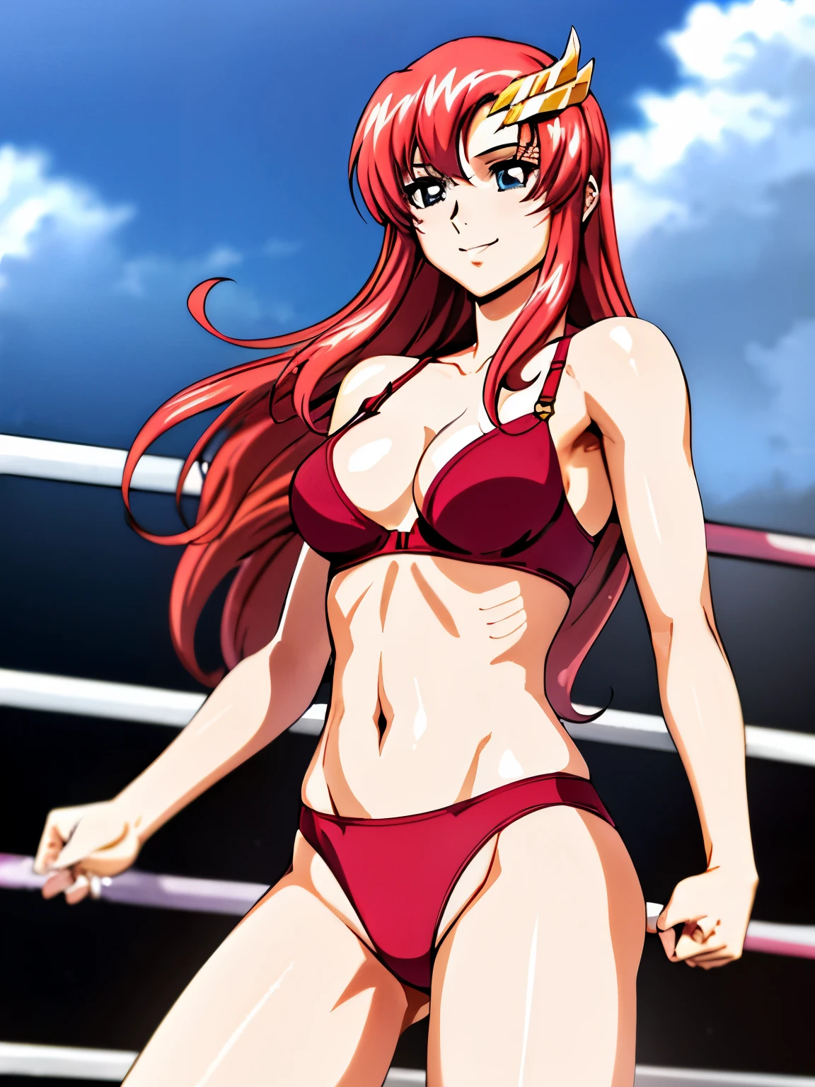 lacus4, (red bikini, running, thong, thin girl, masterpiece, cowboy shot, very slim shoulders, 4K, Best Quality, Anime style: 1.9, happy, Adult Woman, (ultra detailed head), (wrestling arena with crowd, cloud background), Drawing lines, high resolution, lacus4), 1girl, Solo, curvy figure, Long hair, clavicle, scapular, (Detailed wide hair bangs, Hair Ornament, Detailed reddish-pink hair, shiny streaks, slim arms, detailed golden crest), cleavage, large hands, (hair cover shoulders). (Big blue eyes, shiny eyes), ((female wrestler, (slim body), slim arms, closed fists, thighs)), ((perfect proportions, medium-small breasts, medium thighs, long belly)), ((totally red bra)), smile with a wink, (standing, hot colors), detailed fingers, (bare shoulders)