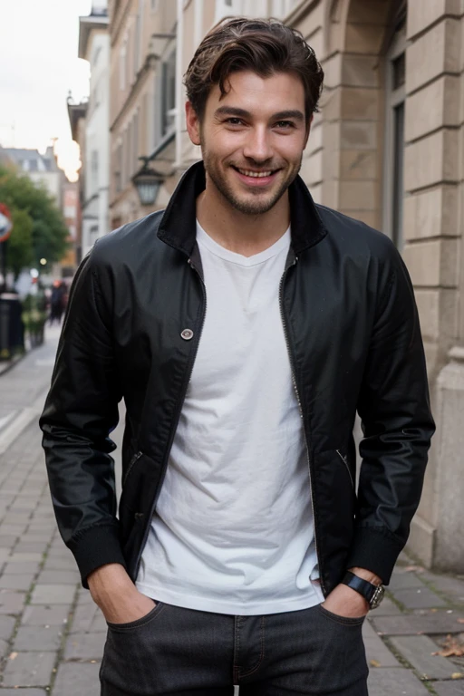 Male stubble beard brown handsome green eyes thin middle curly hair classy dressed casual badass skinny in black clothes smiling UK