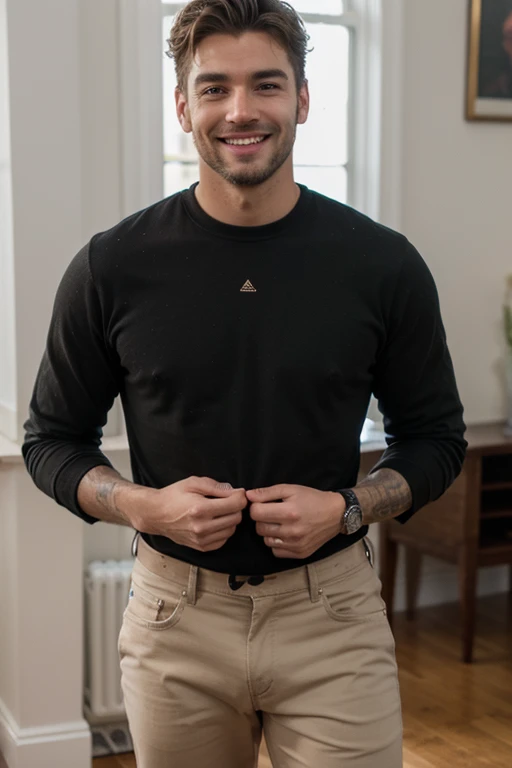 A guy wearing glasses and brown hair wearing a black shirt and black pants