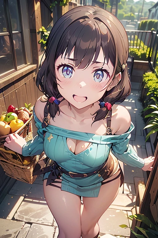 (small breasts:1.2), (perky chest:1.2), (pointed chest:1.2), (Pudding cake magazine cover:1.3),(from above:1.0),(from side:0.9),masterpiece, 1girl, Amazing Cleavage:1.1, thin waist, big ass, Raised sexy, posed cleavage:1.2,(perky chest:1.2), (pointed chest:1.2),(farmhouse entrance:1.0),(((brown Tunic:1.3))),(((lemons and stroberies in the basket),Cute and beautiful girl,Cute round face,Cute smile,Red Lip, looking at viewer, open mouth, have a cute glass of beergrass,black hair, dark green eyes, deep brown public party dress, bare shoulders,collarbone, sidelocks, hairband, earrings wih safia  jewelry, outdoors, darck coller off shoulder sweater dress, plant, short hair with long locks, gild hairband, off-shoulder dress, sweater dress, off-shoulder sweater, black sweater, dark gord hair, big side hair, very long side hair,is rendered in (masterpiece: 1.2, best quality), with (ultra high resolution) and an exquisite (depth of field). ,(Bangs are see-through bangs),hair pin,hair adornments,detailed clothes features,Detailed hair features,detailed facial features,(Dynamic angles),(Dynamic and sexy poses),clothes that emphasize big breasts,Cinematic Light,(masutepiece,top-quality,Ultra-high resolution) ,(The 8k quality,Anatomically accurate facial structure,),(Sea Art 2 Mode:1.3),(Image Mode Ultra HD,) 
