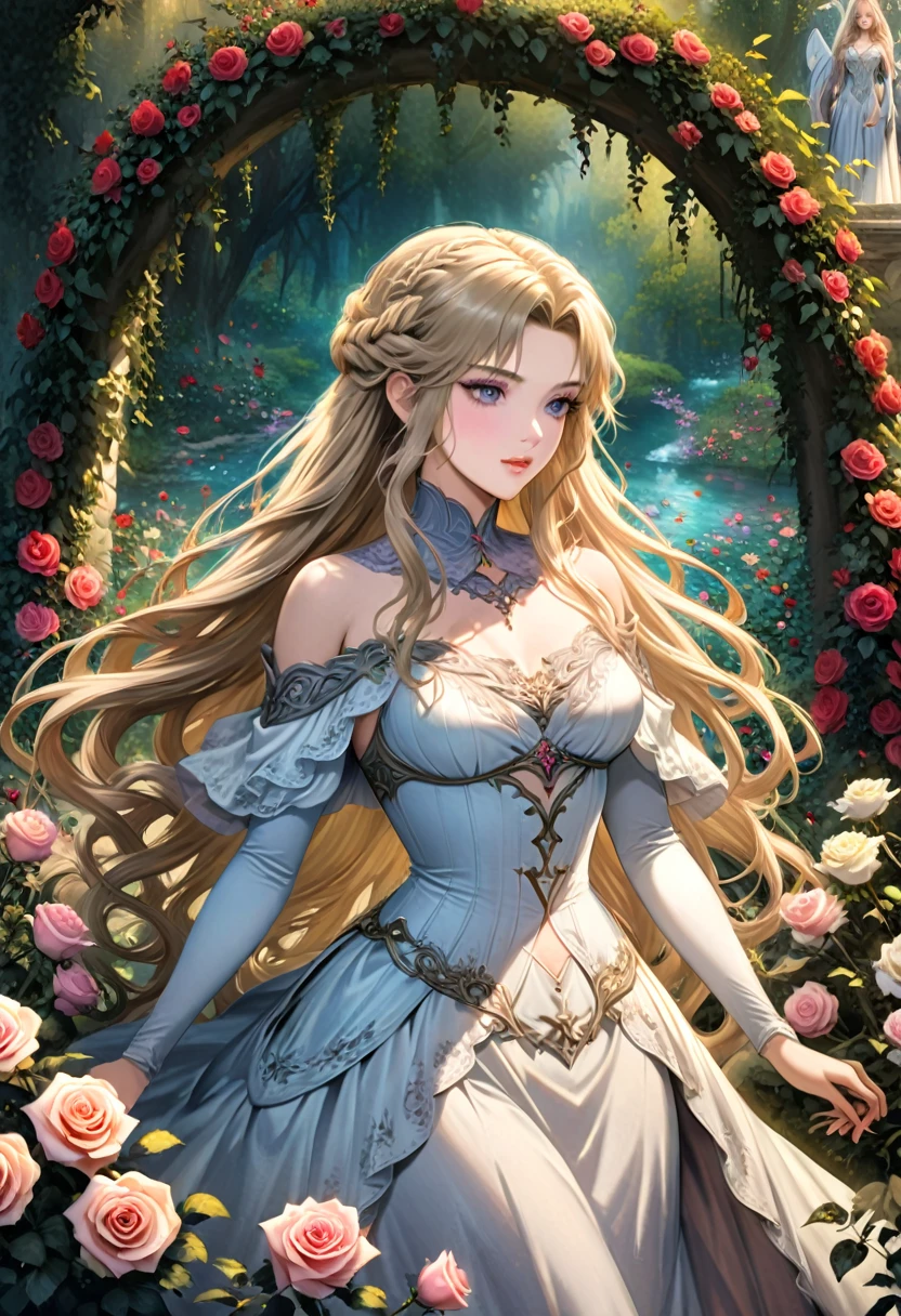 girly style, (flower background, romance comics), 1 girl, blond, alone, long hair, flower, skirt, crown, white skirt, Gloves, Long sleeve, collar, Green eyes, mascara, cosmetics, white Gloves, black bow, black flower, Straight Hair, drill hair, french OKid, bow, OK, jewelry, looking at the audience, White background, clavicle, puffy sleeves, silver accessories, full-body shot, parted bangs, very long hair, blue skirt, trim, bangs, Keep your mouth shut, delicate eyes, 火flower