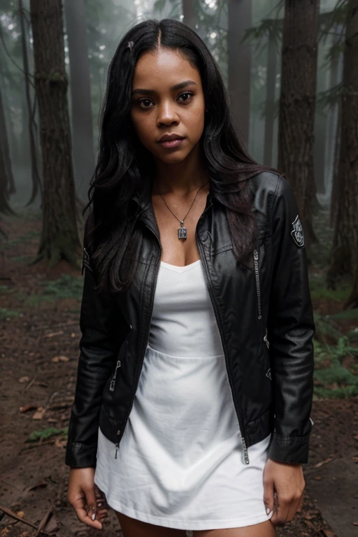 Bianca Lawson, Marin Morrell, Teen Wolf, 30 years old, dark skin, long messy black hair, brown eyes, white dress shirt, short brown jacket, black jeans, black combat boots. silver pendant, white wolf print. Forest background with fog aura around black color.