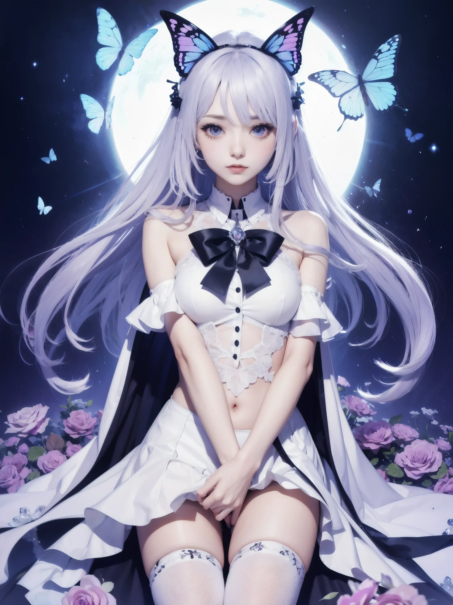 Silver Hair，crystal hair, Butterfly，Long white hair，8k wallpaper，Detailed background，Maximum resolution，Drawstring，Chies，purple Rose，Tight Fit，High socks，stocking