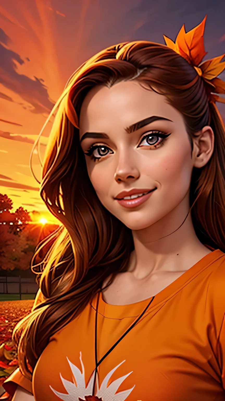1girl, solo, (highly detailed eyes), detailed face, intricate details, autumn leaves, autumn, maple leaf, sunset, leaf, orange sky, falling leaves, orange background, orange theme, fire, tree, holding leaf, red sky, two side up, yellow sky, campfire, evening, smile, explosion, dusk, sun, shorts, twilight, ribbon, flame, fire particles, fireplace, long hair, shirt, petals, hair ribbon, outdoors