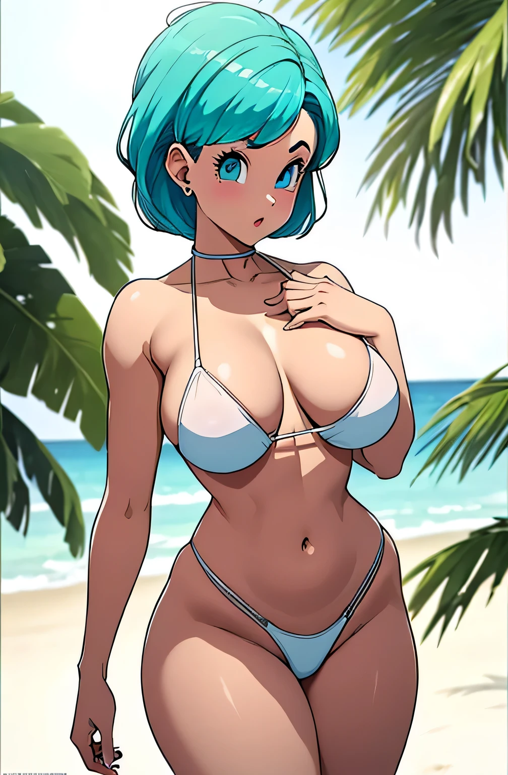 Exquisitely rendered and provocatively posed depiction of Bulma in a form-fitting, white bikini, showcasing her tantalizing curves and captivating nudity. The image, presented in ultra-high definition, meticulously highlights every detail of her slender yet voluptuous body, with a focus on her luscious, tanned skin. The contrast between the whiteness of the bikini and the warmth of her skin creates an alluring visual dynamism.

Her hourglass figure, characterized by a slim waist and large, full breasts, is portrayed with exceptional attention to detail, resulting in an image that is equally enticing and aesthetically pleasing