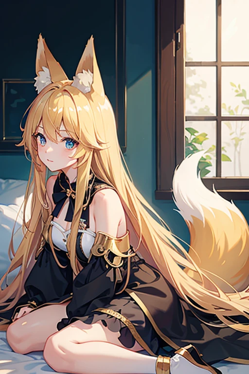 masterpiece, highest quality, High resolution,Follow the prompts、Anime Style、Blonde、Long Hair、Fox ears、Fox's Tail、negligee、