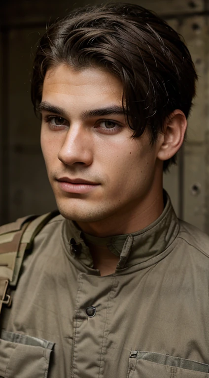 Young man, Soldier with equipment and machine gun, rugged class hair, tone skin, looking at camera 