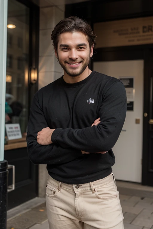 Male stubble beard brown handsome green eyes thin middle curly hair classy dressed casual badass skinny in black clothes smiling London Bridge