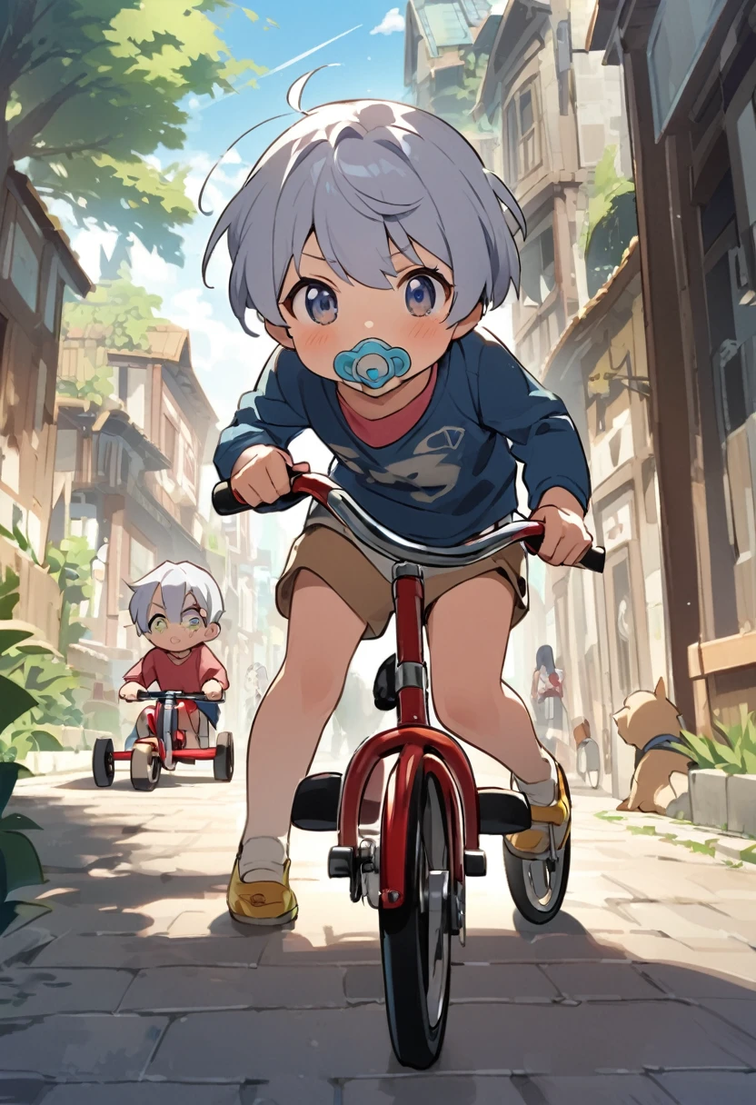 On the road at daytime、A girl is riding a tricycle at high speed。she3At about the age、He has a stern look on his face while holding a pacifier in his mouth.。Moving those little legs as hard as she could、The way he pushes forward with all his might is very impressive.。He pays no attention to the surrounding scenery or people passing by.、It's as if he is about to accomplish some important mission.。The serious look and the sense of speed、It speaks to her determination。