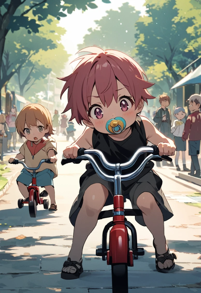 On the road at daytime、A girl is riding a tricycle at high speed。she3At about the age、He has a stern look on his face while holding a pacifier in his mouth.。Moving those little legs as hard as she could、The way he pushes forward with all his might is very impressive.。He pays no attention to the surrounding scenery or people passing by.、It's as if he is about to accomplish some important mission.。The serious look and the sense of speed、It speaks to her determination。