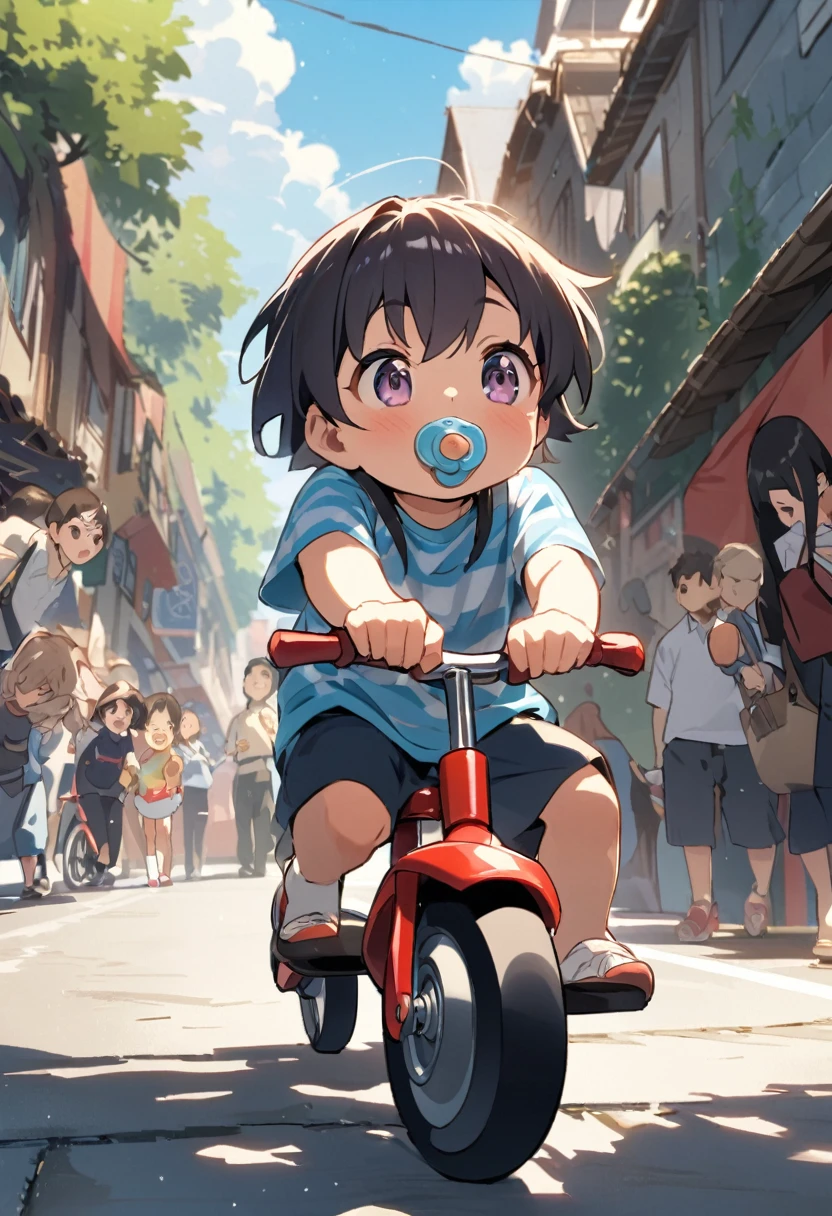 On the road at daytime、A girl is riding a tricycle at high speed。she３At about the age、He has a stern look on his face while holding a pacifier in his mouth.。Moving those little legs as hard as she could、The way he pushes forward with all his might is very impressive.。He pays no attention to the surrounding scenery or people passing by.、It&#39;s as if he is about to accomplish some important mission.。The serious look and the sense of speed、It speaks to her determination。