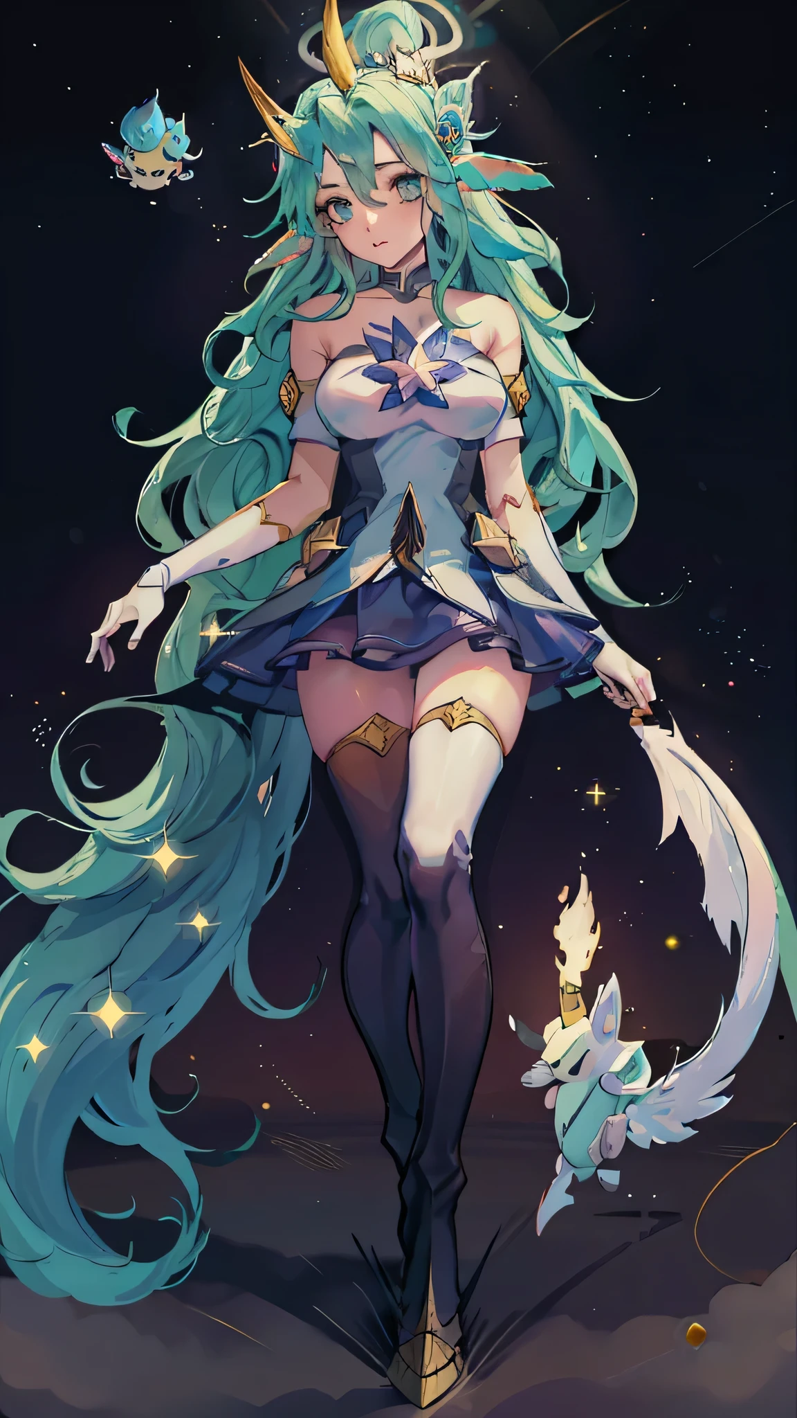 dakimakura, 6000 by 2000 pixels,1 girl, Star Guardian Soraka, league of legends, green hair, horn on head, elf years , green eyes, balck latex outfit, thigh-high heel boots, bound in rope, ball gagged, high res, ultra sharp