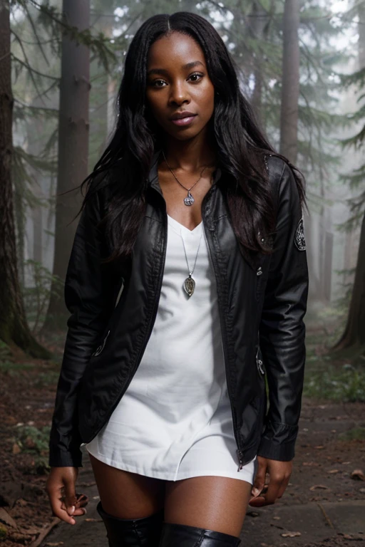 Sibongile Mlambo, Tamora Morrell, Teen Wolf, 40 years old, dark skin, long messy black hair, brown eyes, white dress shirt, short brown jacket, black jeans, black combat boots. silver pendant, white wolf print. Forest background with fog aura around black color.