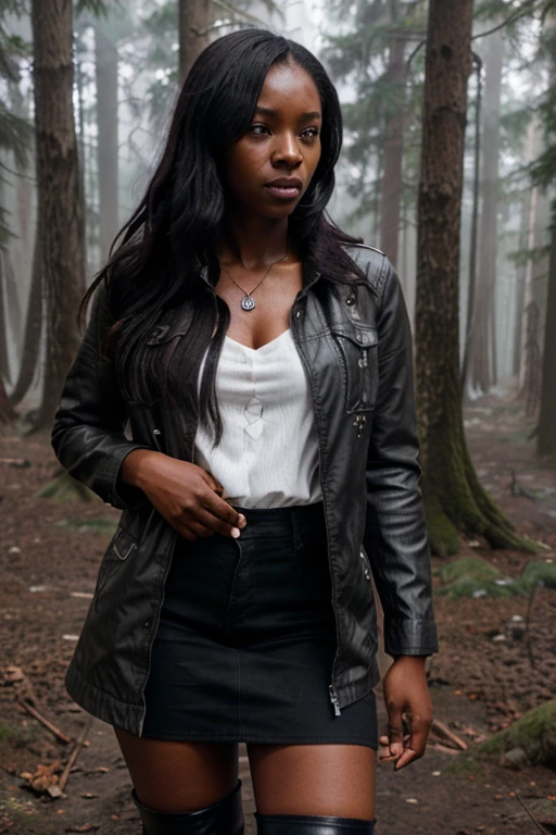 Sibongile Mlambo, Tamora  Morrell, Teen Wolf, 40 years old, dark skin, long messy black hair, brown eyes, white dress shirt, short brown jacket, black jeans, black combat boots. silver pendant, white wolf print. Forest background with fog aura around black color.