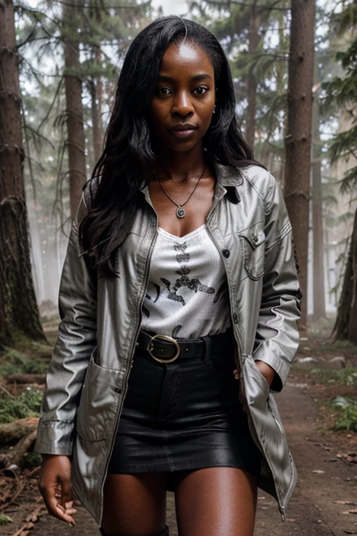 Sibongile Mlambo, Tamora Morrell, Wolf, 40 years old, dark skin, long messy black hair, brown eyes, white dress shirt, short brown jacket, black jeans, black combat boots. silver pendant, white wolf print. Forest background with fog aura around black color.