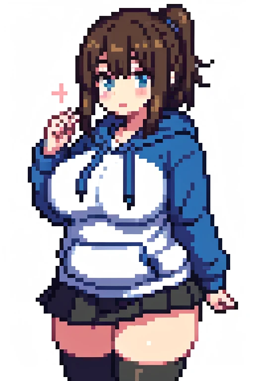 a cute chubby girl wearing a hoodie, skirt, and thigh high leggings