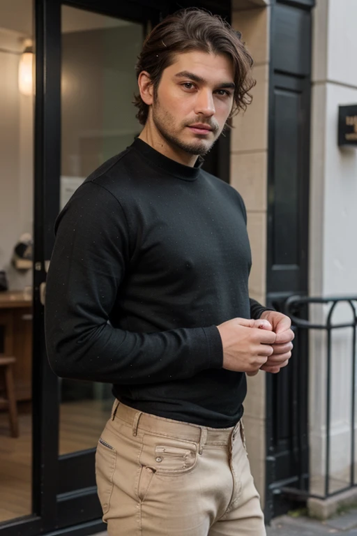 Male stubble beard brown handsome green eyes thin middle curly hair classy dressed casual badass skinny in black clothes LondonUK