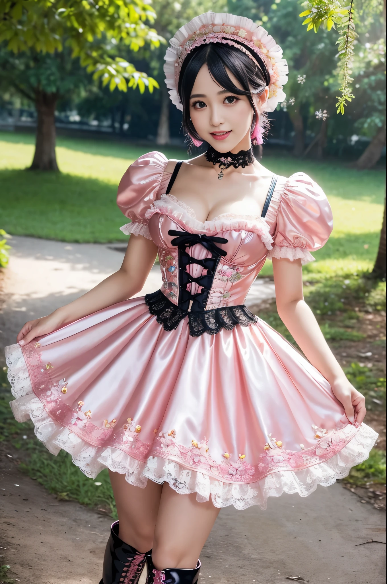 (nsfw), sexy stylish Thai model, only 1 female, ((doll-like appearance)), short neon pink stylish hair, ((shiny Victorian-Style boots)), (big smile), ultra detailed eyes, vivid eye makeup, lipgloss, long lashes, defined eyebrows, ((sexy Paradise Kiss cosplay)), bell-shaped skirt, petticoats, high neckline, puffed sleeves, ((ultra detailed lace)), ((ultra detailed embroidery)), intricate details, Paradise Kiss accessoires and matching headpiece, choker, ((large sparkling Paradise Kiss jewelry)), cinematic light, detailed large park background with trees