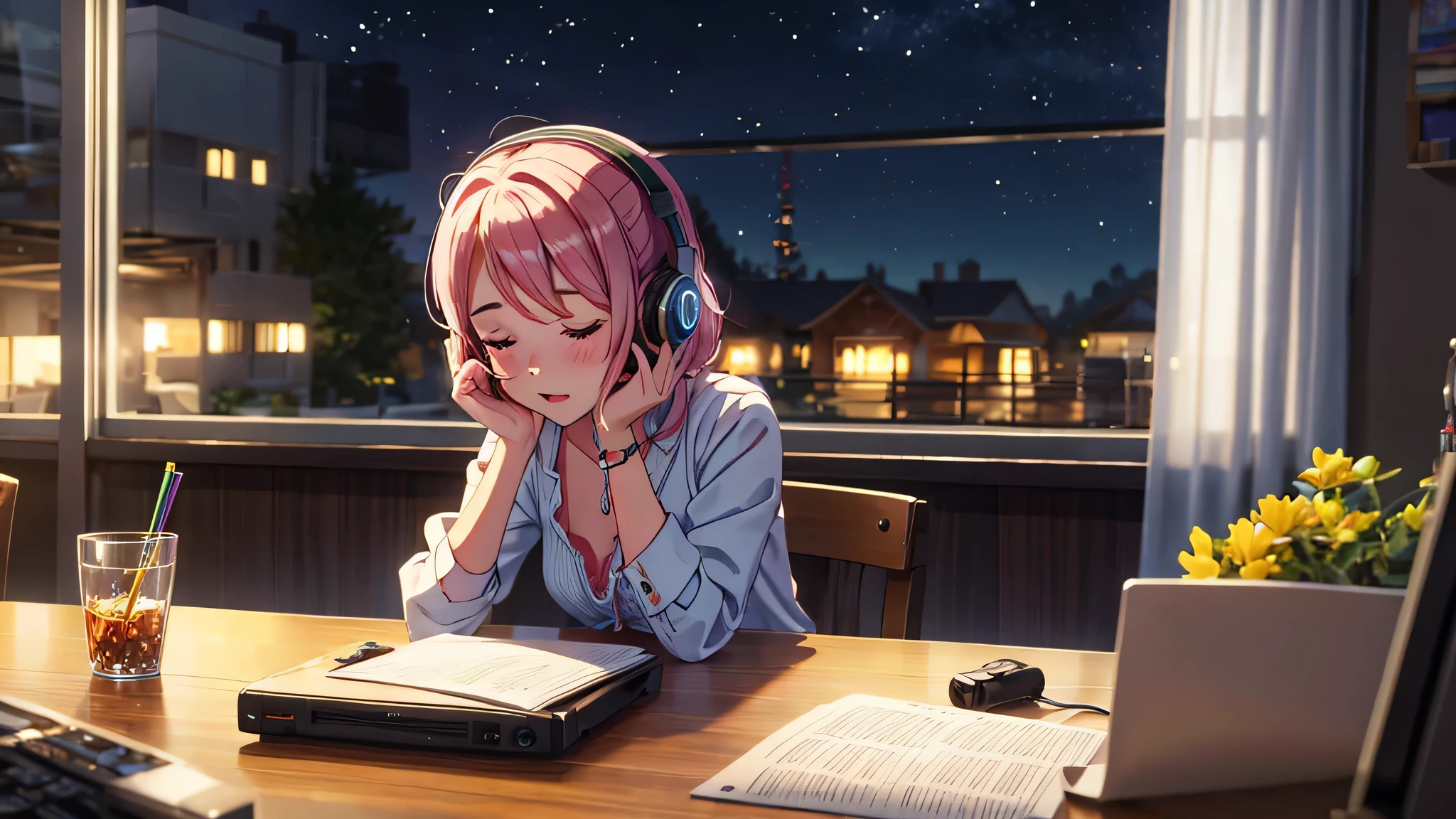 a cute gril litening to music, wearing a headphone, night dream, table