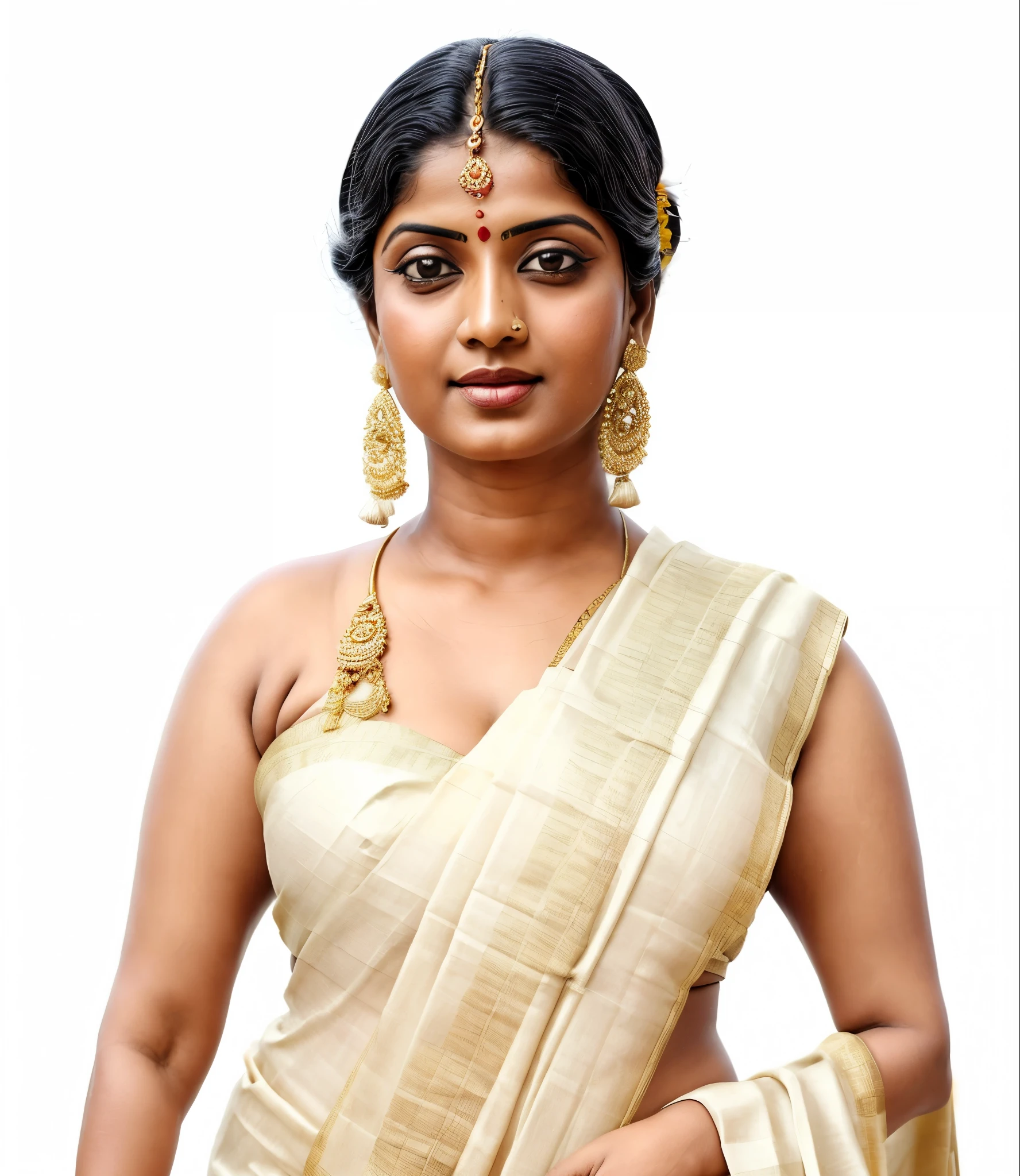 An Extremely gorgeous and beautiful Bengali village woman, 45 yo, pale white skin, sensual appealing body, perfect thick and chubby Beauty, wearing saree bare-chested, wearing a Bengali-style saree without a blouse,, ethnic vintage bengali village woman, bengali style saree, The sari was worn without a blouse and petticoat before the British Raj, baring one's chest or being blouseless, Bengalis a.k.a. Bongs are known for their unique Bengali fashion sense (the way they don that sari makes you go wow), Pre British Raj, Pre colonial era, Bengali Woman draping sari without blouse is a normal thing in pre British Era, bong woman,