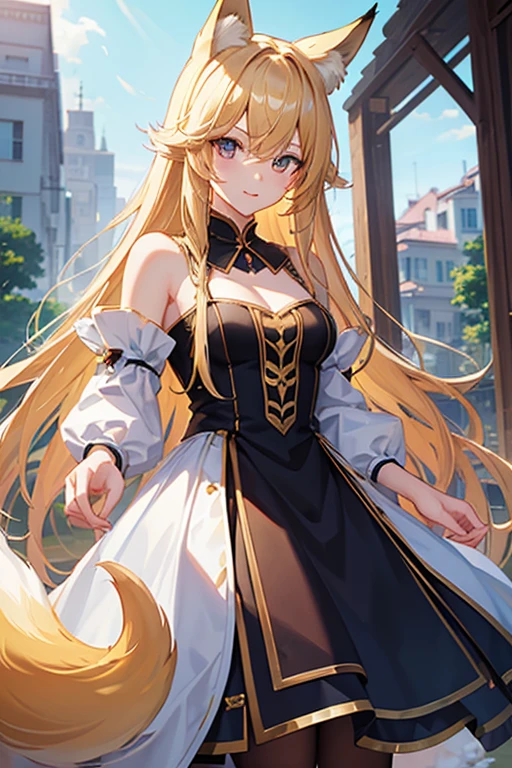 masterpiece, highest quality, High resolution,Follow the prompts、Anime Style、Blonde、Long Hair、Fox ears、Fox's Tail、kimono