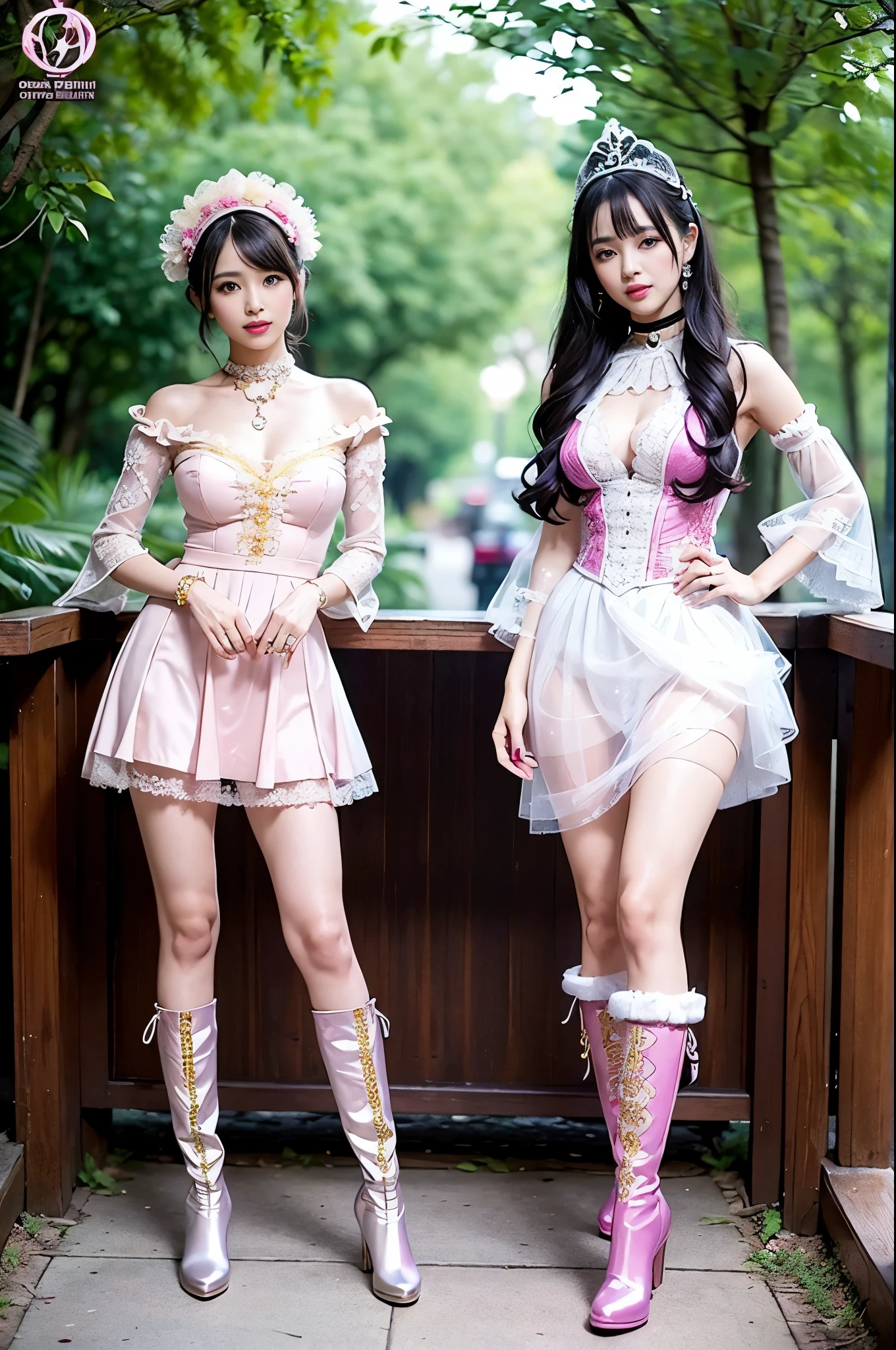 (nsfw), sexy golden Thai princess, only 1 female, ((doll-like appearance)), short neon pink stylish hair, ((shiny Victorian-Style boots)), (big smile), ultra detailed eyes, vivid eye makeup, lipgloss, long lashes, defined eyebrows, ((sexy Paradise Kiss cosplay)), bell-shaped skirt, petticoats, high neckline, puffed sleeves, ((ultra detailed lace)), ((ultra detailed embroidery)), intricate details, Paradise Kiss accessoires and matching headpiece, choker, ((large sparkling Paradise Kiss jewelry)), cinematic light, detailed large park background with trees