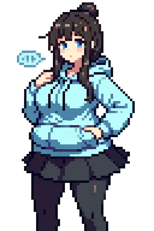 a cute chubby girl wearing a hoodie, skirt, and thigh high leggings