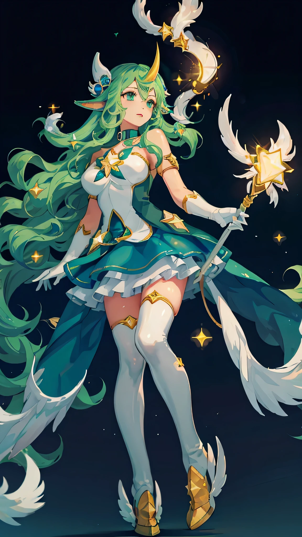 1 girl, Star Guardian Soraka, league of legends, green hair, horn on head, elf years , green eyes, black dress, thigh-high heel boots, bound in rope, ball gagged, high res, 