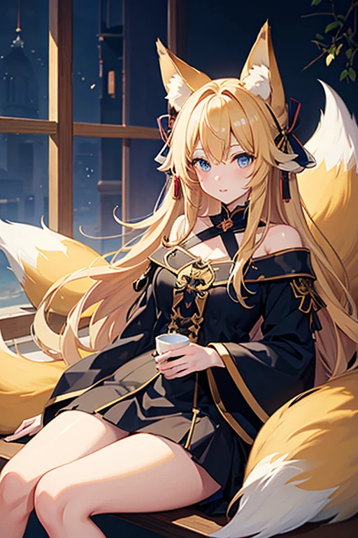 masterpiece, highest quality, High resolution，Follow the prompts、Anime Style、Blonde、Long Hair、Fox ears、Fox&#39;s Tail、kimono