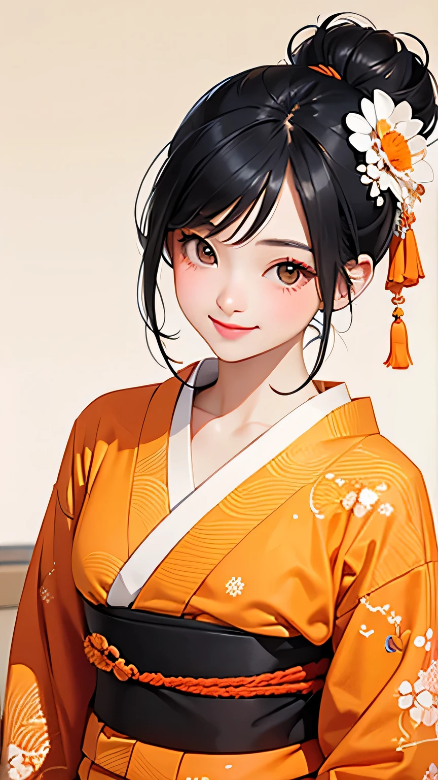 highest quality、Realistic、Women、zoom、cute、Orange Eyes、black hair、Bun Hair、kimono、White Lingerie、smile、Looking down、smile、Bust Shot、