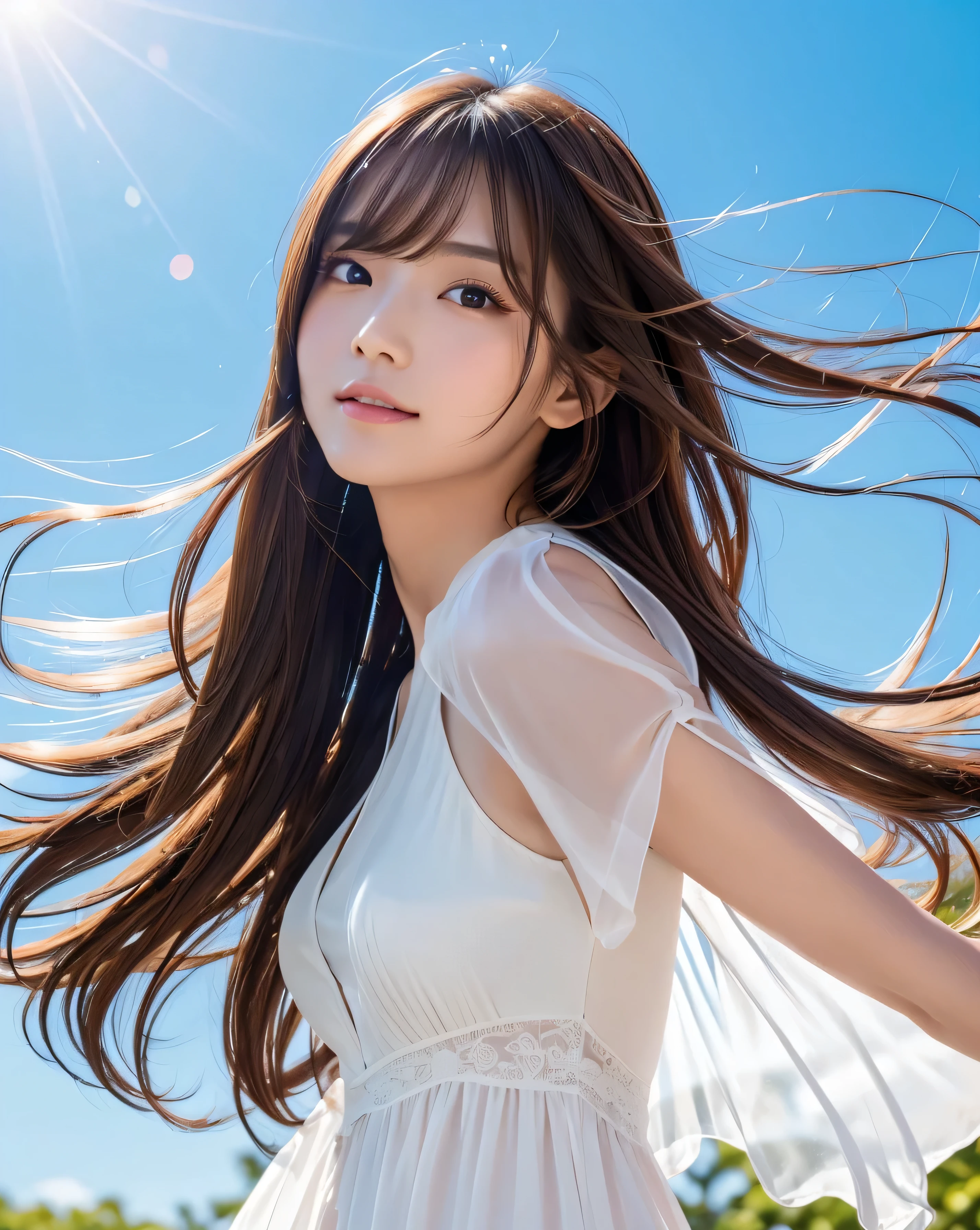 (highest quality, 32k, High resolution, Masterpiece:1.5, ), marimo_jet, god々A photograph with brilliant dazzling and healing power., Evoking a sense of calm and elusive beauty, Expressing emotions, Have a rich imagination,Beautiful Japanese Girls, An exceptionally beautiful face, Small Face Beauty, Perfect Human Anatomy, ((Low - Angle:1.0)), ((Looking down)), Magical big eyes, Motherhood and generosity, Deep Love, A fleeting smile, ((Shiny brown hair:1.1)), ((Super Long Straight Silk Hair)), Asymmetrical bangs, Hair between the eyes, Transparent, soft white skin, Sharp eyebrows, Thin lashes, Natural Makeup, Cheek highlighter, Pale pink detailed lips, , ((White dress:1.2)), High resolution perfect collarbone, High resolution beautiful bust, Slim figure with ample breasts, High resolutionの美しい太もも, ((Detailed blue sky background:1.3)), Dazzling Sun, Professional Lighting, Professional photographer, Professional models, God's Secret