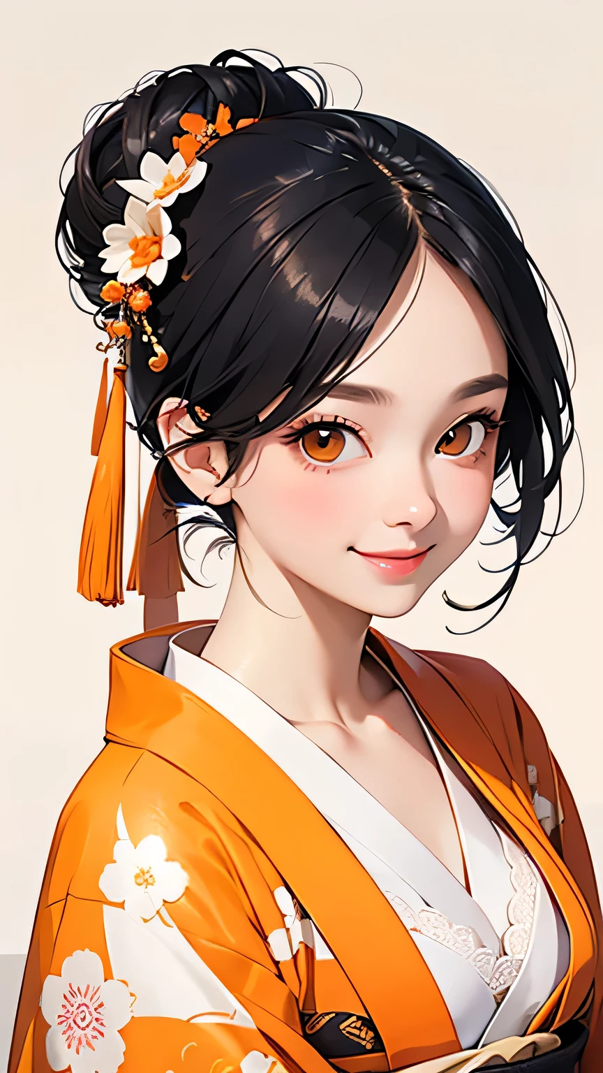 highest quality、Realistic、Women、zoom、cute、Orange Eyes、black hair、Bun Hair、kimono、White Lingerie、smile、Looking down、smile、Bust Shot、