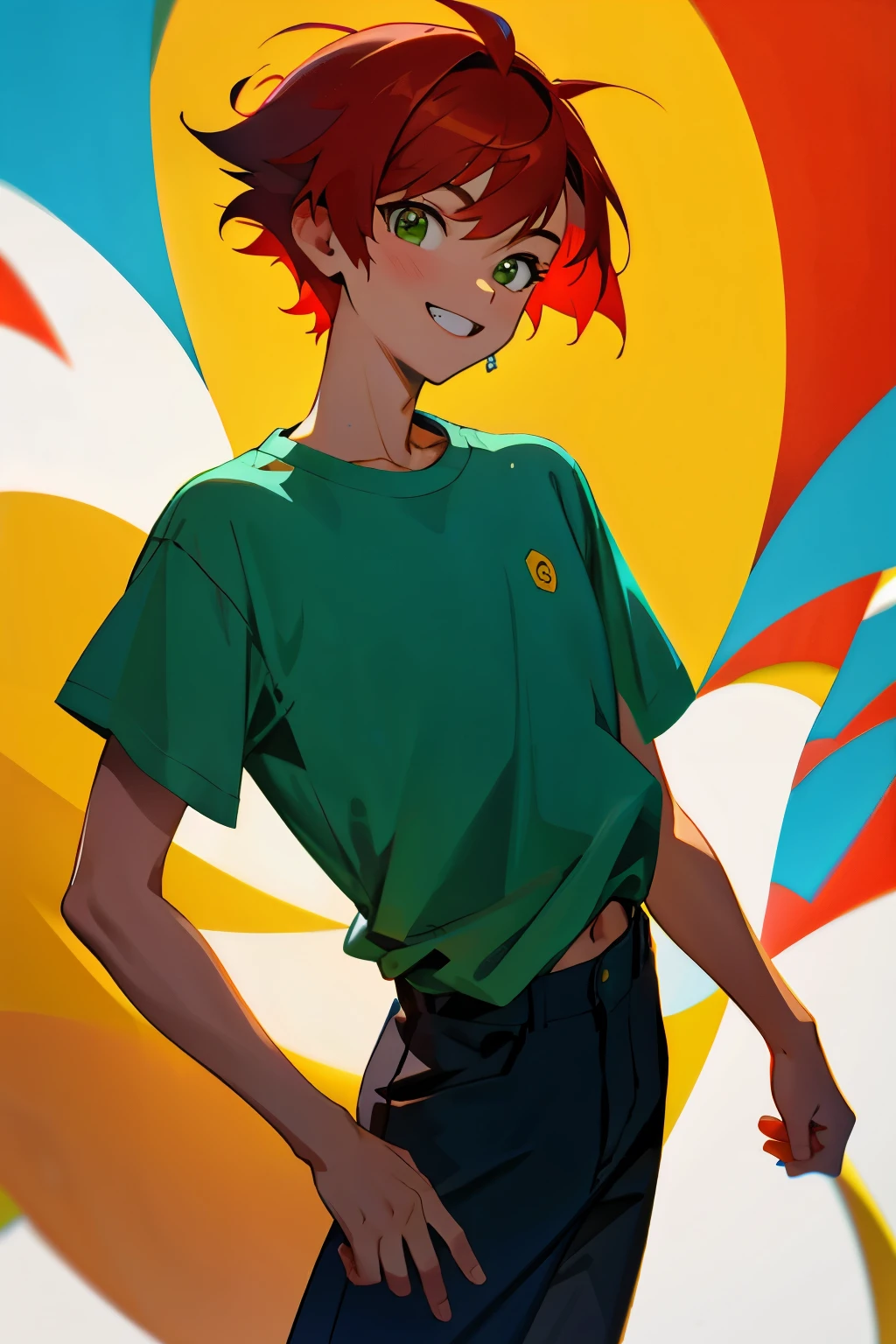 (masterpiece), ((sfw)), best quality, expressive eyes, perfect face, , (1girl,, young adult, handsome girl, longer face, flat body), solo, red hair messy short Wolf cut hair, green eyes BREAK (tanned skin, tanned male), cowboy shot, smile, grin, white t-shirt BREAK black pants BREAK standing, :D, smile, boy looking 