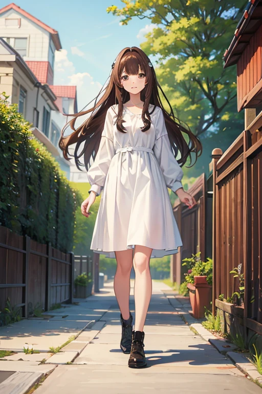masterpiece, highest quality, High resolution,Follow the prompts、Anime Style、Brown Hair、Long Hair、Dog-walking