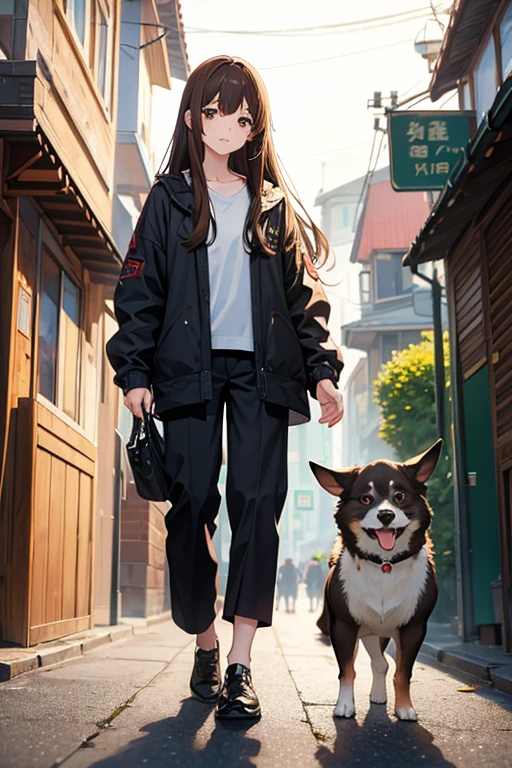 masterpiece, highest quality, High resolution,Follow the prompts、Anime Style、Brown Hair、Long Hair、Dog-walking