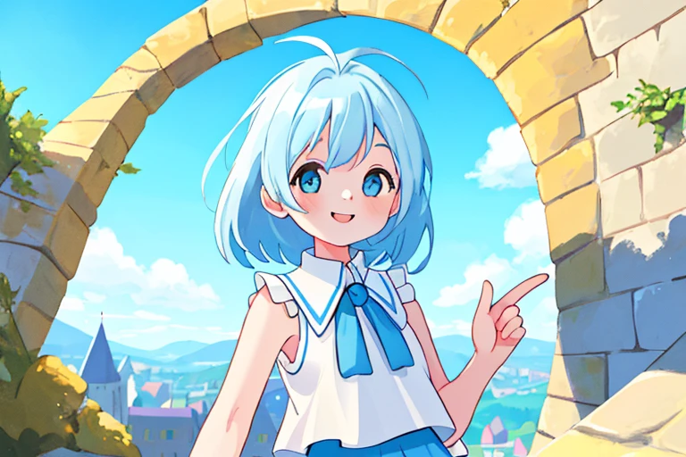 high resolution,high quality,Girl1people,Light blue hair,semi-long,Sleeveless ,White blouse,Yellow mini skirt,looking at the camera,smile,Cobblestone road,upper body,POV shot,Blue sky,looking at the camera
