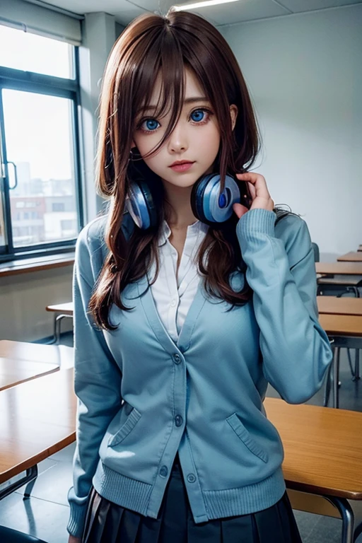 mikunakano, miku nakano, long hair, bangs, blue eyes, brown hair, shirt, hair between eyes, headphones, cardigan, headphones around neck,
BREAK skirt, shirt, long sleeves, white shirt, pantyhose, pleated skirt, black pantyhose, cardigan, green skirt, blue cardigan,
BREAK indoors, classroom,
BREAK looking at viewer, BREAK (masterpiece:1.2), best quality, high resolution, unity 8k wallpaper, (illustration:0.8), (beautiful detailed eyes:1.6), extremely detailed face, perfect lighting, extremely detailed CG, (perfect hands, perfect anatomy),