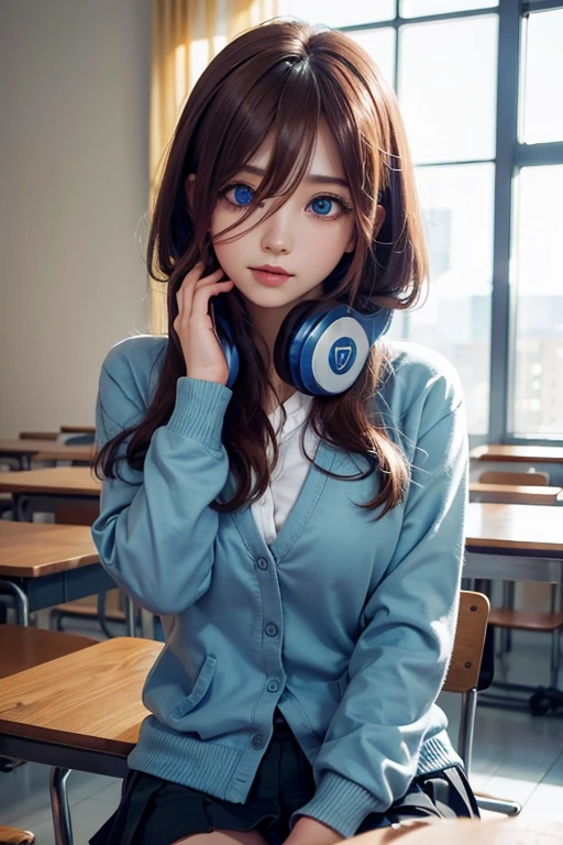 mikunakano, miku nakano, long hair, bangs, blue eyes, brown hair, shirt, hair between eyes, headphones, cardigan, headphones around neck,
BREAK skirt, shirt, long sleeves, white shirt, pantyhose, pleated skirt, black pantyhose, cardigan, green skirt, blue cardigan,
BREAK indoors, classroom,
BREAK looking at viewer, BREAK (masterpiece:1.2), best quality, high resolution, unity 8k wallpaper, (illustration:0.8), (beautiful detailed eyes:1.6), extremely detailed face, perfect lighting, extremely detailed CG, (perfect hands, perfect anatomy),