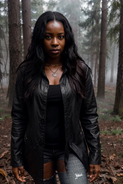 Sibongile Mlambo, Tamora Morrell, Wolf, 40 years old, dark skin, long messy black hair, brown eyes, red dress shirt, black short coat, black jeans, black combat boots. silver pendant, white wolf print. Forest background with fog aura around black color.