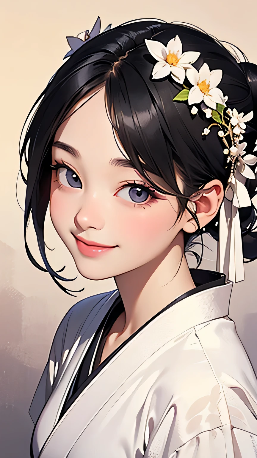 highest quality、Realistic、Women、zoom、cute Eyes、black hair、Bun Hair、kimono、White Lingerie、smile、Looking down、smile、Bust Shot、