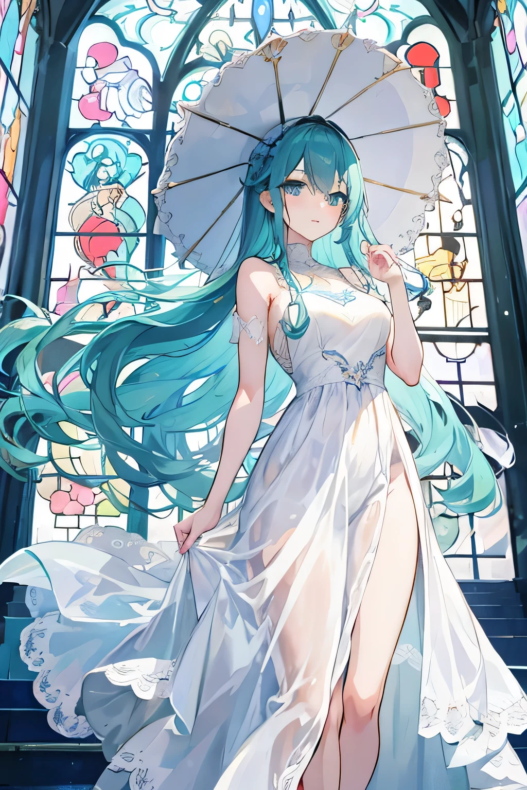 Woman, very long hair, curly hair, Aqua green hair, blue eyes, long dress, beautiful dress, very long white dress, with a parasol, anime, church background, church windows