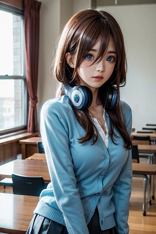 mikunakano, miku nakano, long hair, bangs, blue eyes, brown hair, shirt, hair between eyes, headphones, cardigan, headphones around neck,
BREAK skirt, shirt, long sleeves, white shirt, pantyhose, pleated skirt, black pantyhose, cardigan, green skirt, blue cardigan,
BREAK indoors, classroom,
BREAK looking at viewer, BREAK (masterpiece:1.2), best quality, high resolution, unity 8k wallpaper, (illustration:0.8), (beautiful detailed eyes:1.6), extremely detailed face, perfect lighting, extremely detailed CG, (perfect hands, perfect anatomy),