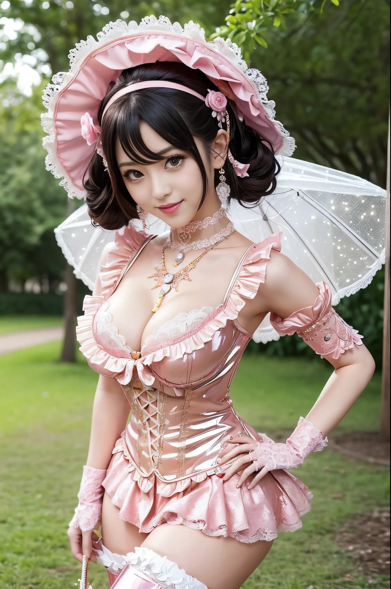 (nsfw), sexy golden Japanese princess, only 1 female, ((doll-like appearance)), short neon pink stylish hair, ((shiny Victorian-Style boots)), (big smile), ultra detailed eyes, vivid eye makeup, lipgloss, long lashes, defined eyebrows, ((sexy Paradise Kiss cosplay)), bell-shaped skirt, petticoats, high neckline, puffed sleeves, ((ultra detailed lace)), ((ultra detailed embroidery)), intricate details, Paradise Kiss accessoires and matching headpiece, choker, ((large sparkling Paradise Kiss jewelry)), cinematic light, detailed large park background with trees