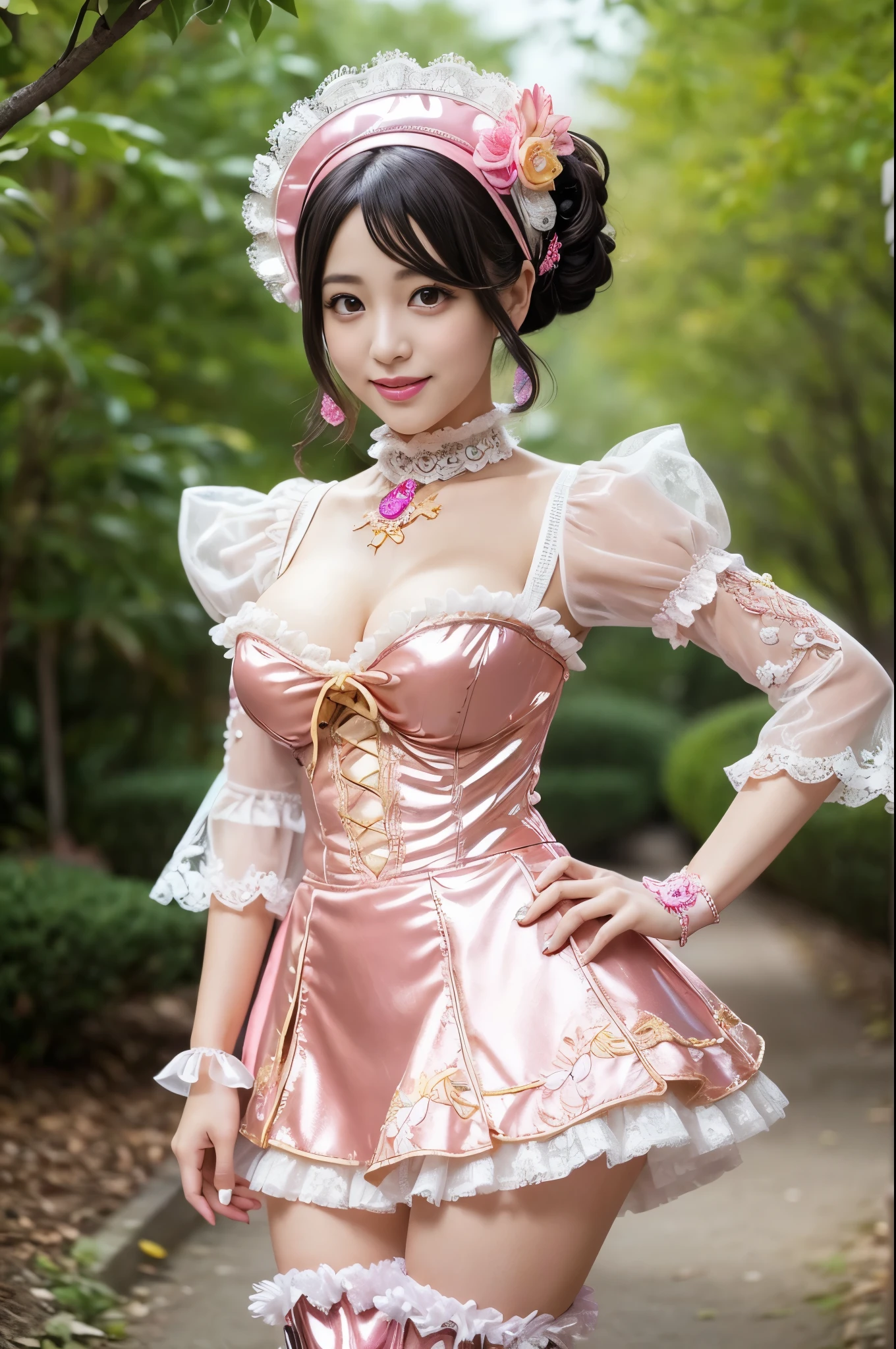 (nsfw), sexy golden Japanese princess, only 1 female, ((doll-like appearance)), short neon pink stylish hair, ((shiny Victorian-Style boots)), (big smile), ultra detailed eyes, vivid eye makeup, lipgloss, long lashes, defined eyebrows, ((sexy Paradise Kiss cosplay)), bell-shaped skirt, petticoats, high neckline, puffed sleeves, ((ultra detailed lace)), ((ultra detailed embroidery)), intricate details, Paradise Kiss accessoires and matching headpiece, choker, ((large sparkling Paradise Kiss jewelry)), cinematic light, detailed large park background with trees