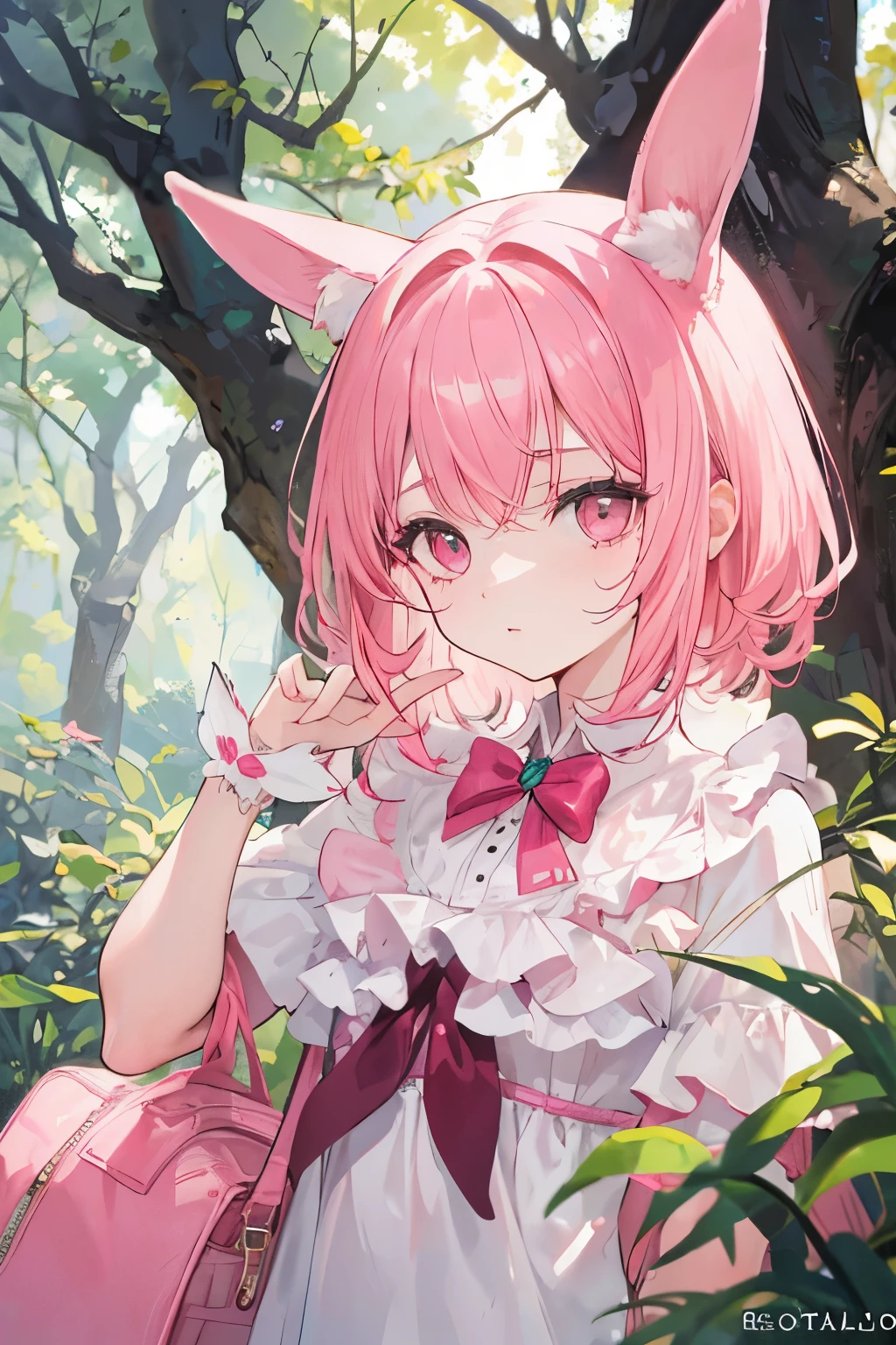 ((mejor calidad)), ((obra maestra)), (detallado), One children. cute. Pink hair, pink eyes. Magic. Trees. Bunny ears