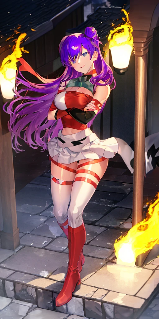 (((1 girl))) short hair, earings ,glossy lips ,team rocket uniform, red letter R, white skirt, white crop top, black thigh-high boots, black elbow gloves, evil smile, looking at viewer, cowboy shot, arms crossed, full body photo Mercedes von Martritz (Fire Emblem: Three Houses)