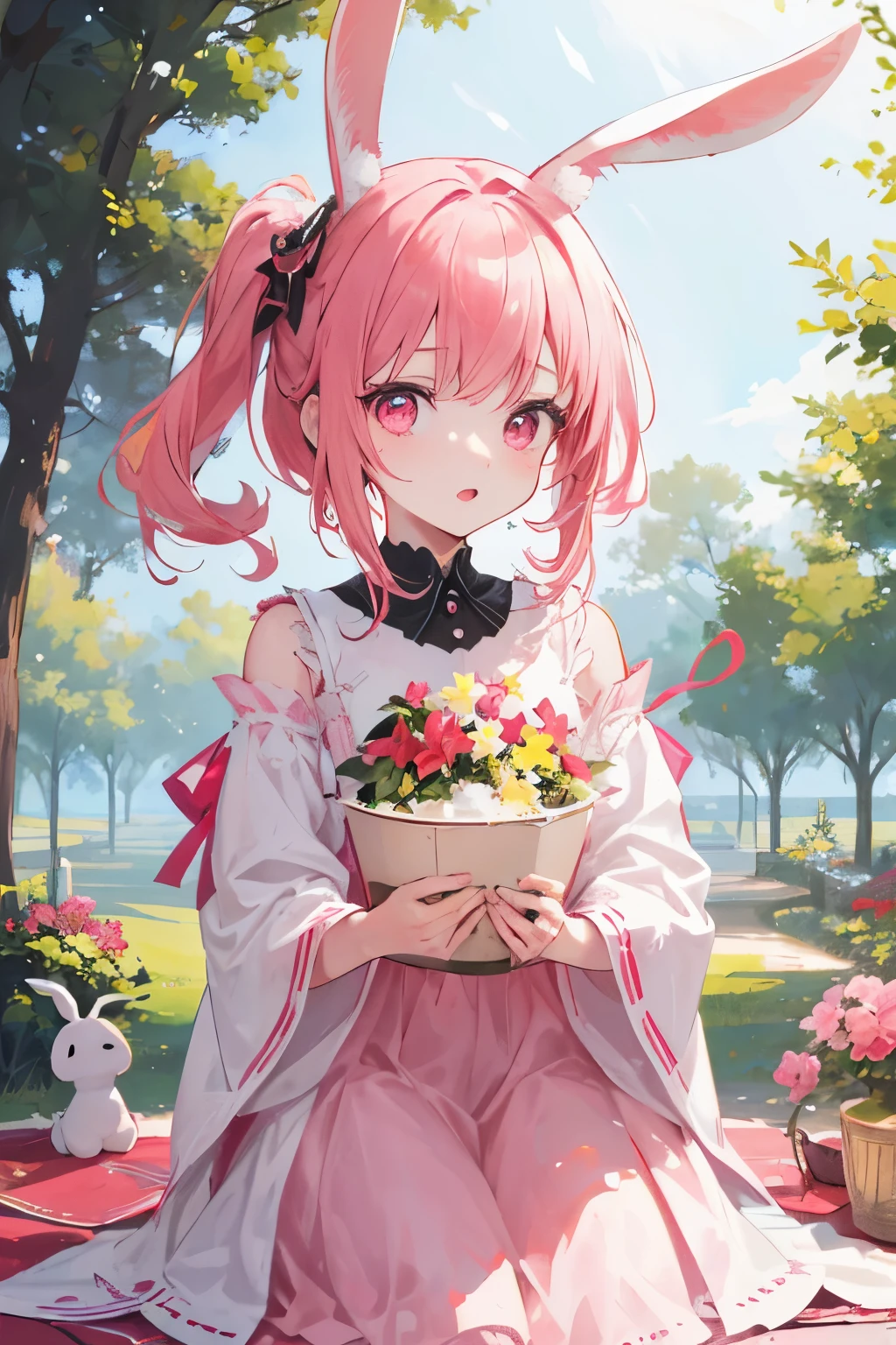 ((mejor calidad)), ((obra maestra)), (detallado), One . cute. Pink hair, pink eyes. Magic. Trees. Bunny ears