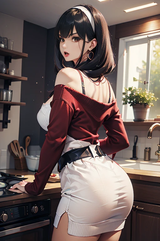 masterpiece, yor, 1girl, Amazing Cleavage:1.3, thin waist, big ass, Raised sexy, medium breast: 1.8 posed cleavage:1.2、solo, looking at viewer, open mouth, have a cup of coffee,black hair, red eyes, dress, bare shoulders, jewelry, collarbone, sidelocks, hairband, earrings, indoors, off shoulder, :o, sweater, arms behind back, plant, short hair with long locks, white hairband, off-shoulder dress, sweater dress, off-shoulder sweater, red sweater, big side hair, very long side hair,is rendered in (masterpiece: 1.2, best quality), with (ultra high resolution) and an exquisite (depth of field). This masterpiece is not only visually stunning but also tells, teach of cooking ,in the kitchen
