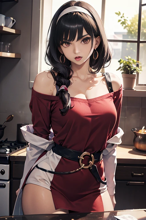 masterpiece, yor, 1girl, Amazing Cleavage:1.3, thin waist, big ass, Raised sexy, medium breast: 1.8 posed cleavage:1.2、solo, looking at viewer, open mouth, have a cup of coffee,black hair, red eyes, dress, bare shoulders, jewelry, collarbone, sidelocks, hairband, earrings, indoors, off shoulder, :o, sweater, arms behind back, plant, short hair with long locks, white hairband, off-shoulder dress, sweater dress, off-shoulder sweater, red sweater, big side hair, very long side hair,is rendered in (masterpiece: 1.2, best quality), with (ultra high resolution) and an exquisite (depth of field). This masterpiece is not only visually stunning but also tells, teach of cooking ,in the kitchen